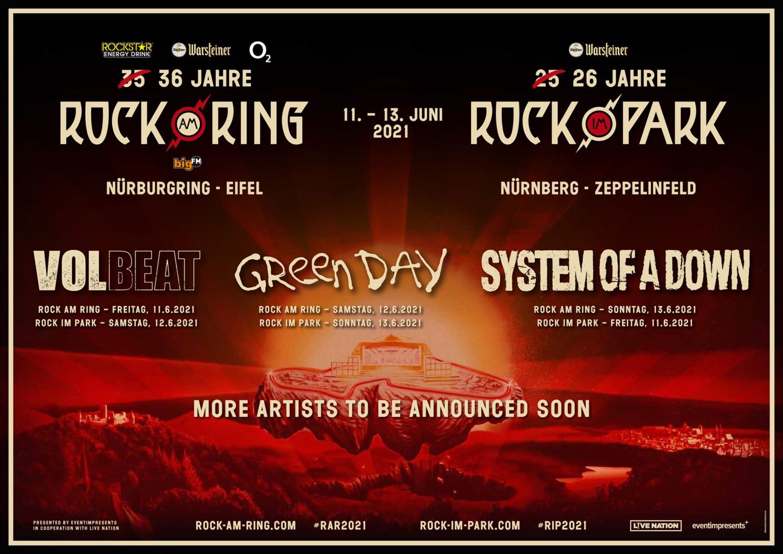 ROCK AM RING e ROCK IN PARK 2021: sempre headliner i VOLBEAT, GREEN DAY e SYSTEM OF A DOWN