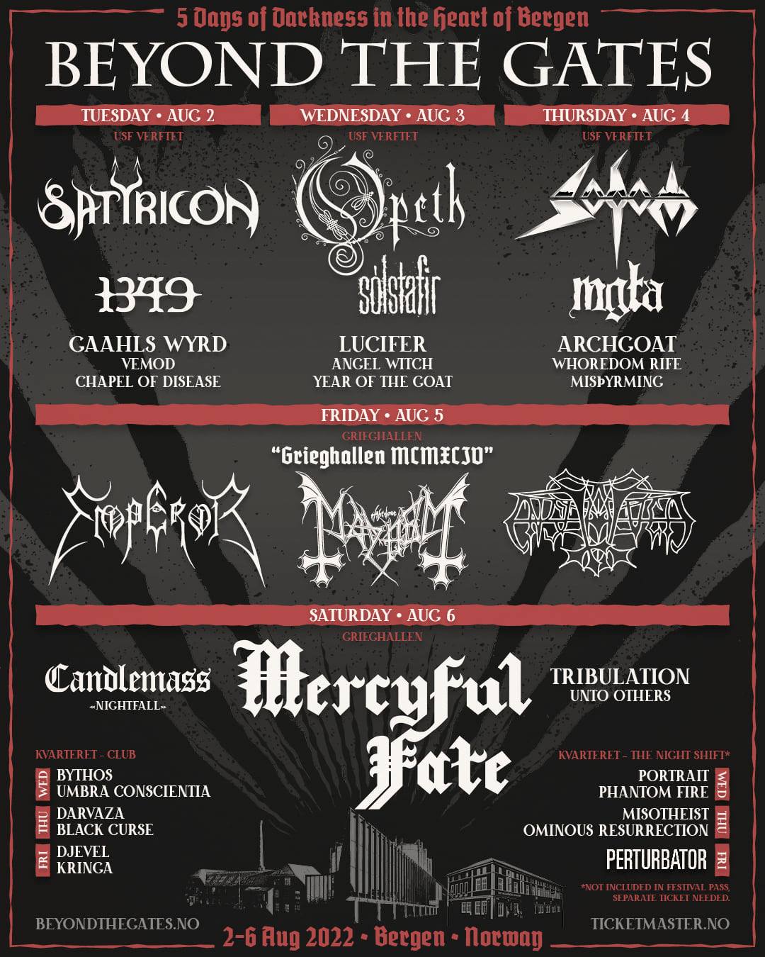 BEYOND THE GATES 2022: MERCYFUL FATE, EMPEROR, SATYRICON, OPETH, SODOM e altre band a Bergen